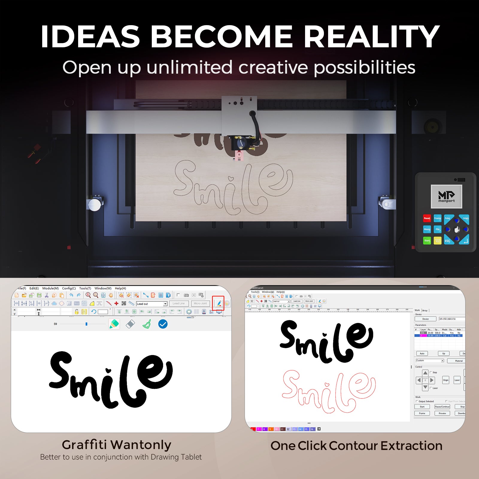 Monport Reno45 Pro 45W Desktop CO2 Laser Engraver & Cutter (16" X 12") with Semi-Autofocus and Free Lightburn