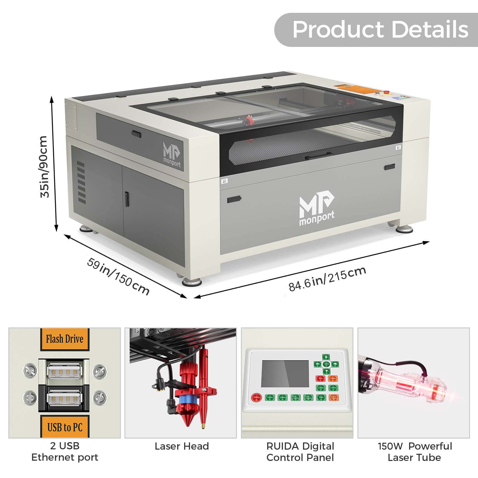 Monport 150W Built-in Chiller CO2 Laser Engraver & Cutter (64" x 40") with Free Lightburn