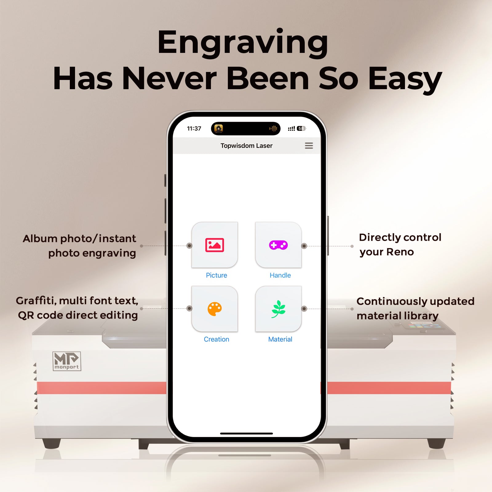 Monport Reno45 Pro 45W Desktop CO2 Laser Engraver & Cutter (16" X 12") with Semi-Autofocus and Free Lightburn