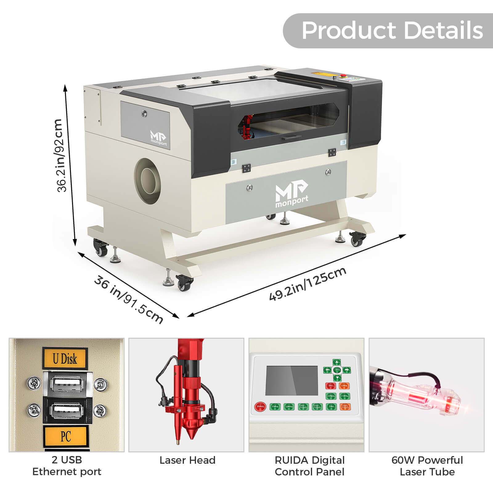 Monport 60W CO2 Laser Engraver & Cutter (28" x 20") with Autofocus