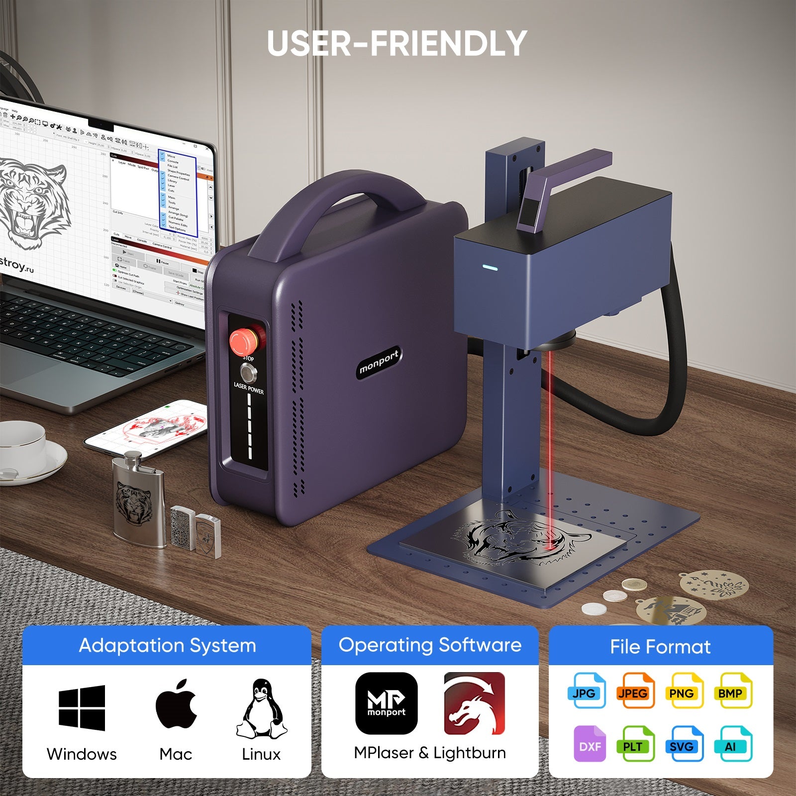 Monport 20W Portable Fiber Laser Engraver for Color Metal Marking-JP