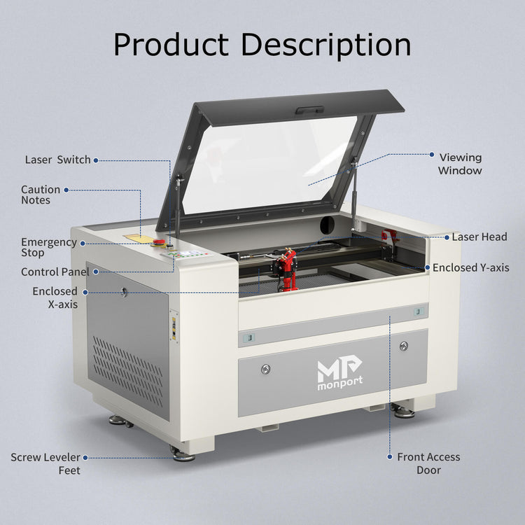 Monport 60W CO2 Laser Engraver & Cutter (24" x 16") with Autofocus