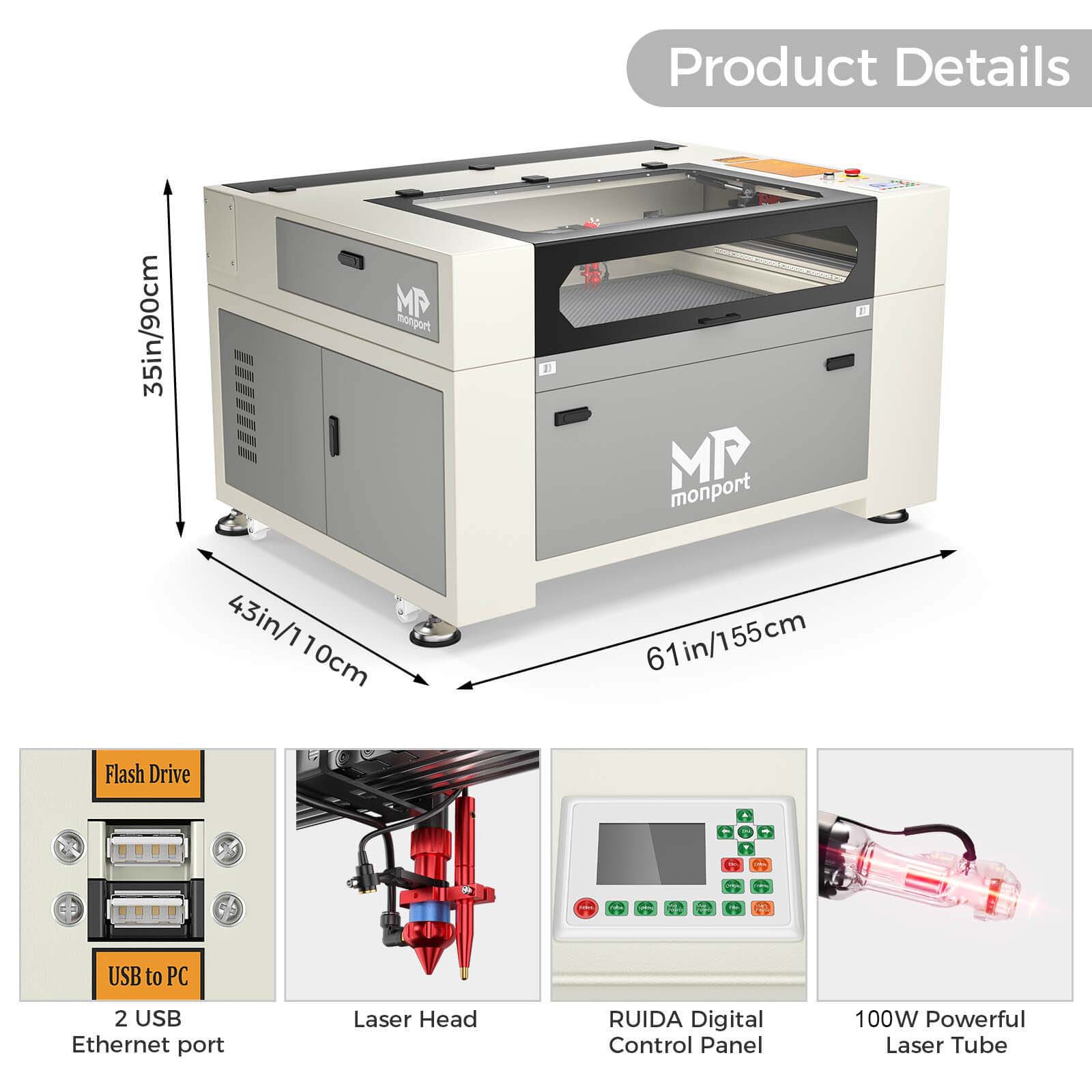 Monport 100W CO2 Laser Engraver & Cutter (40" x 24") with FDA Approved